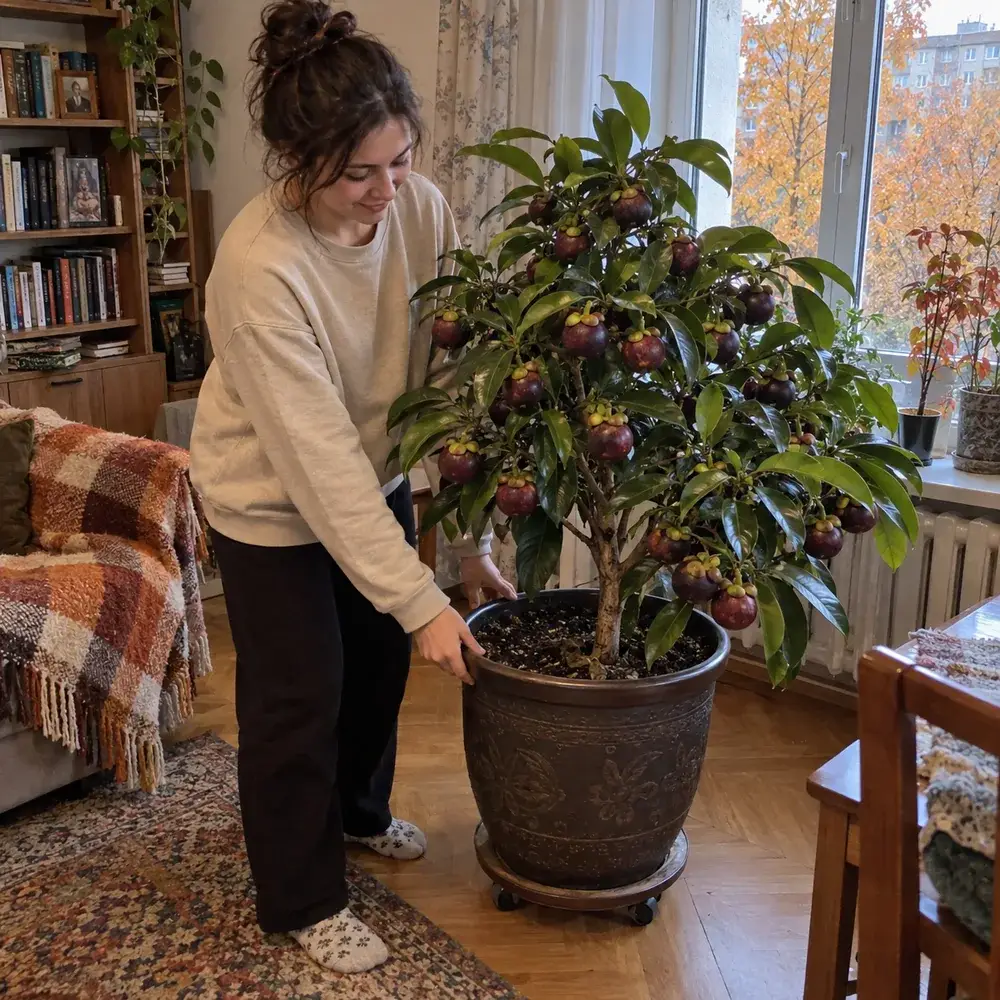 Доросле деревце мангостана біля домашнього вікна восени